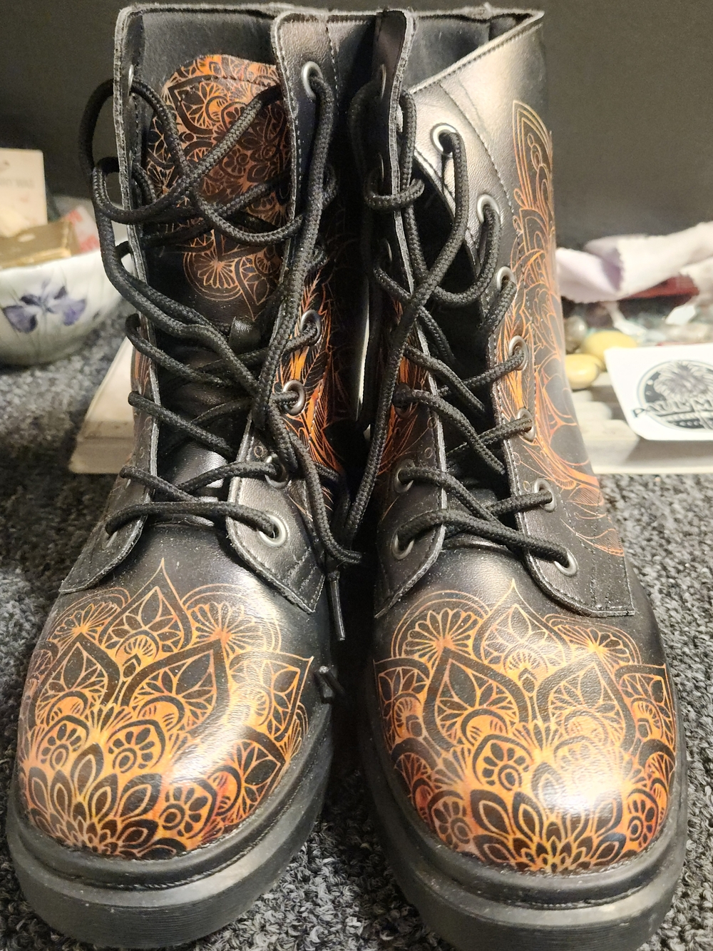 Women's Black Lace-Up Ankle Boots with Orange Floral Pattern
